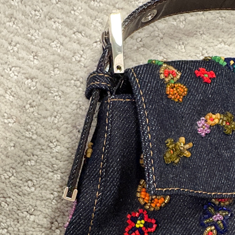 Vintage Fendi Denim Embroidered Floral Shoulder Bag with Silver Buckle - Picture 3 of 10